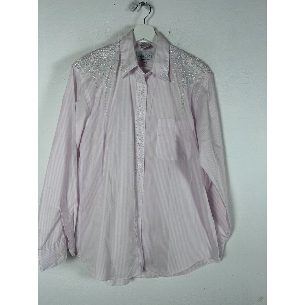 Handpainted Laura Rogers Las Olas Women Pink Striped Beaded Western Shirt Medium